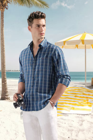Men Premium Hemp Blend Blue Check Summer Casual Shirt