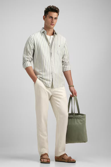 Men Premium Hemp Blend Green Stripe Summer Casual Shirt