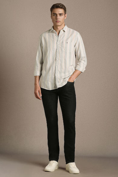 Men Linen Blend Cream Stripe Casual Shirt